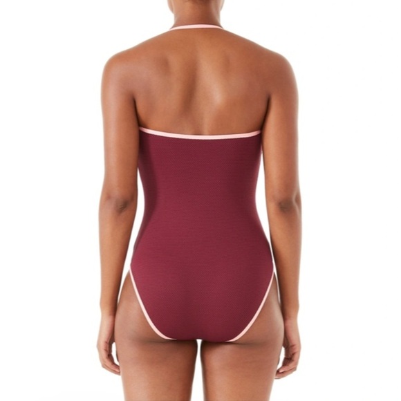 Kate Spade classic pique bandeau one piece in plum with pale pink trim. Large - Picture 2 of 9